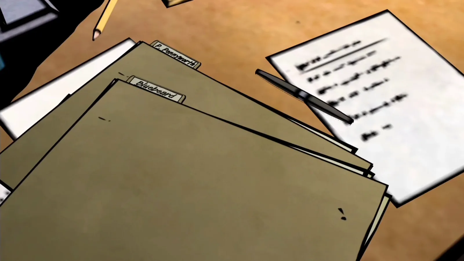 A folder marked Bluebeard lies on Bigby’s apartment desk in The Wolf Among Us Episode 1, beside another labelled case file.