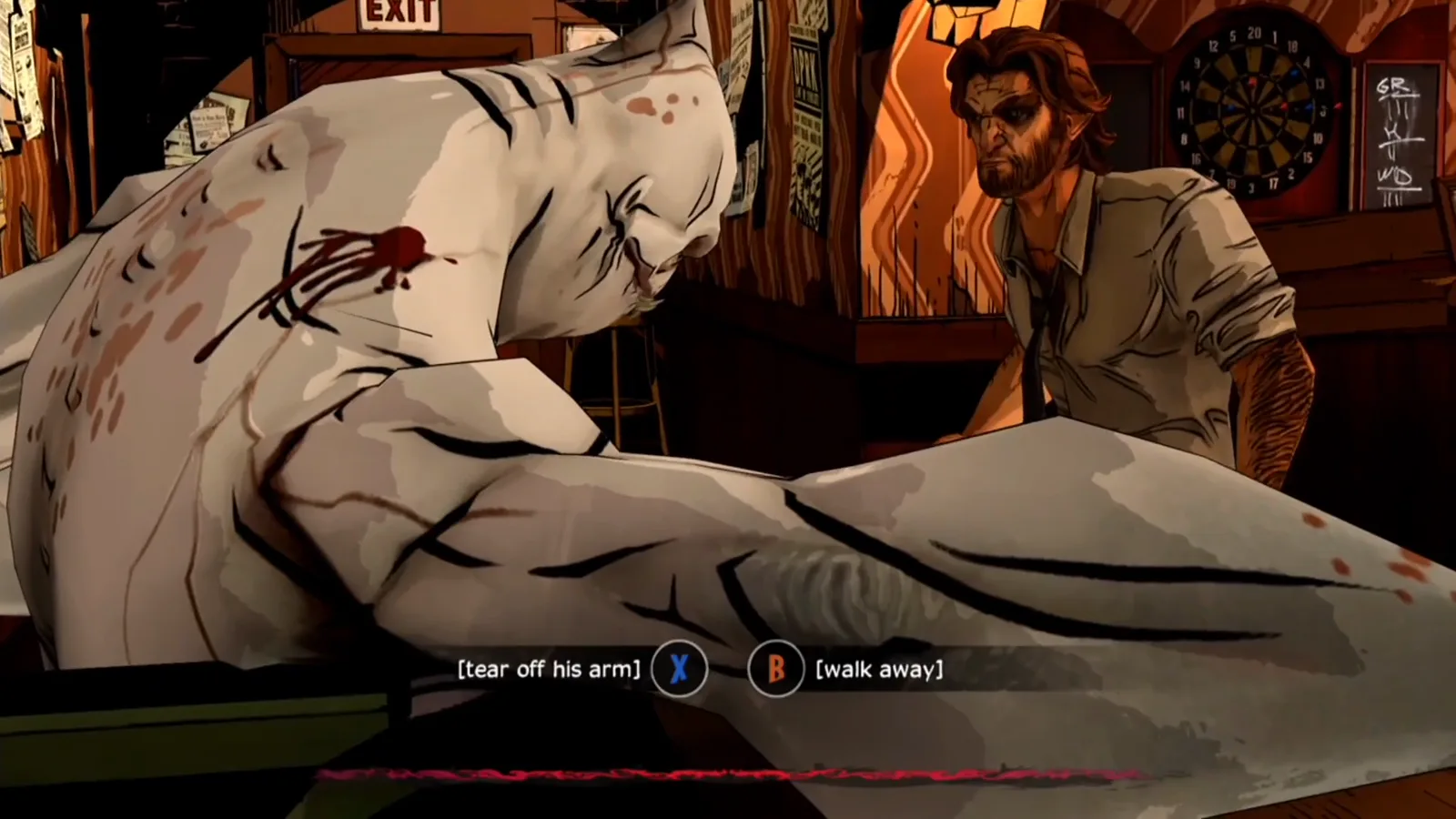 The Wolf Among Us Trip Trap fight ends with a choice between tearing off Gren’s arm and walking away to spare him.