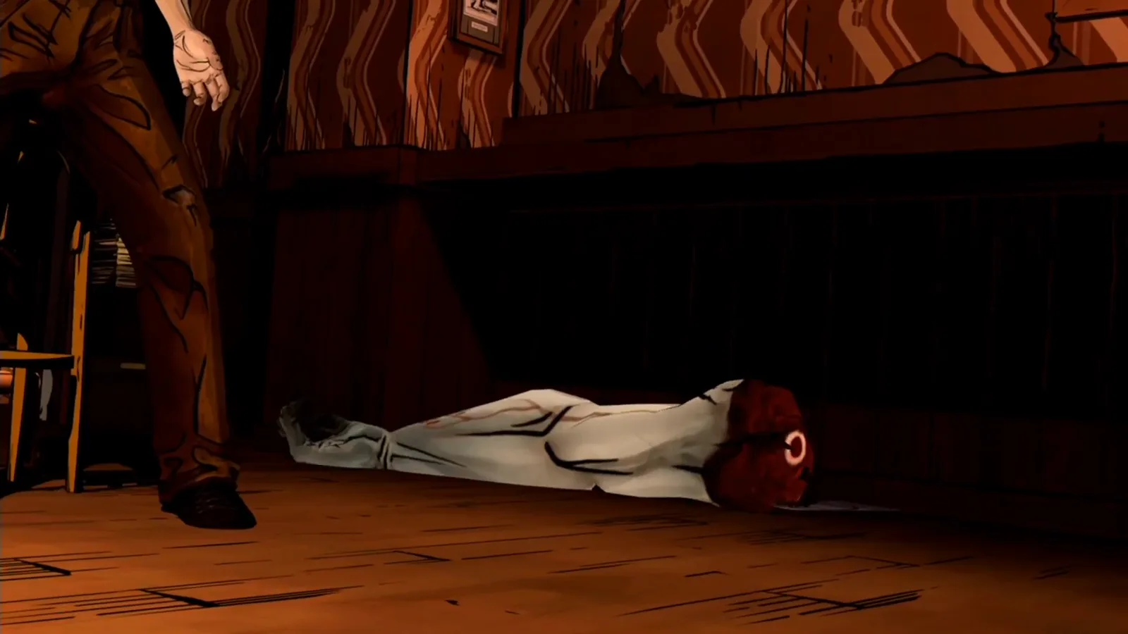 Gren’s severed arm lies on the Trip Trap floor after the violent alternative in The Wolf Among Us Episode 1.