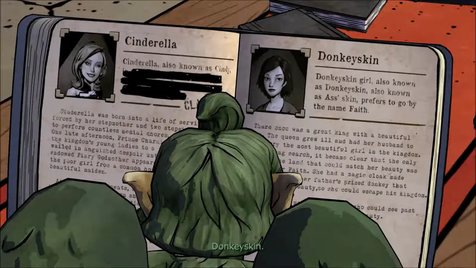 Bufkin reads the Donkeyskin page identifying Faith in The Wolf Among Us office book beside the Cinderella entry.