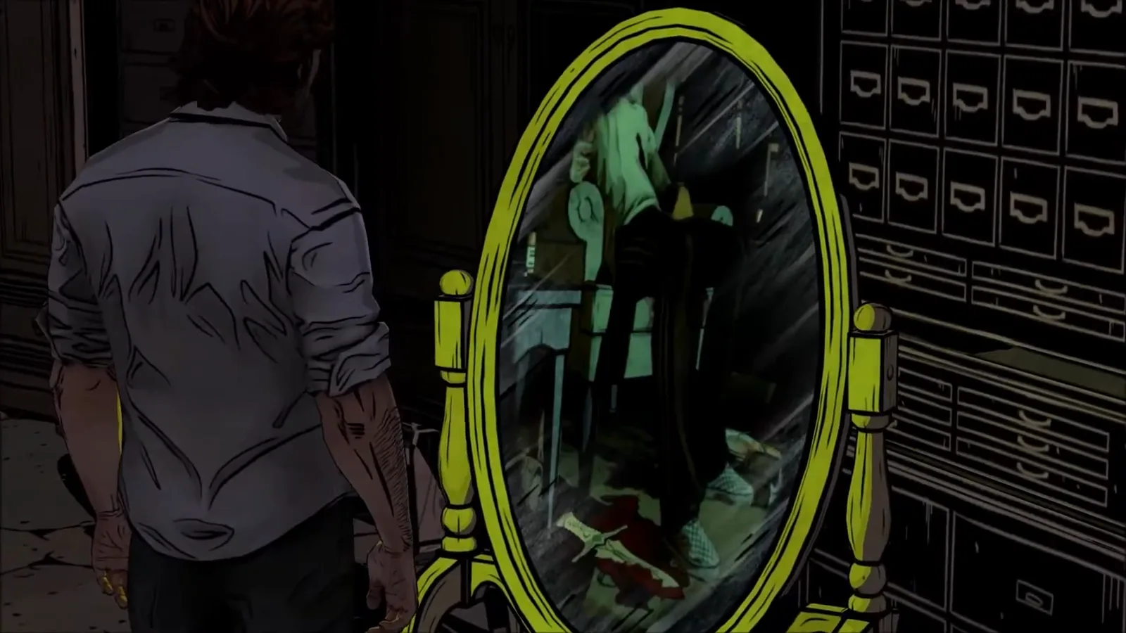 Bigby looks into the Magic Mirror showing Prince Lawrence seated in his apartment during The Wolf Among Us Episode 1 investigation.