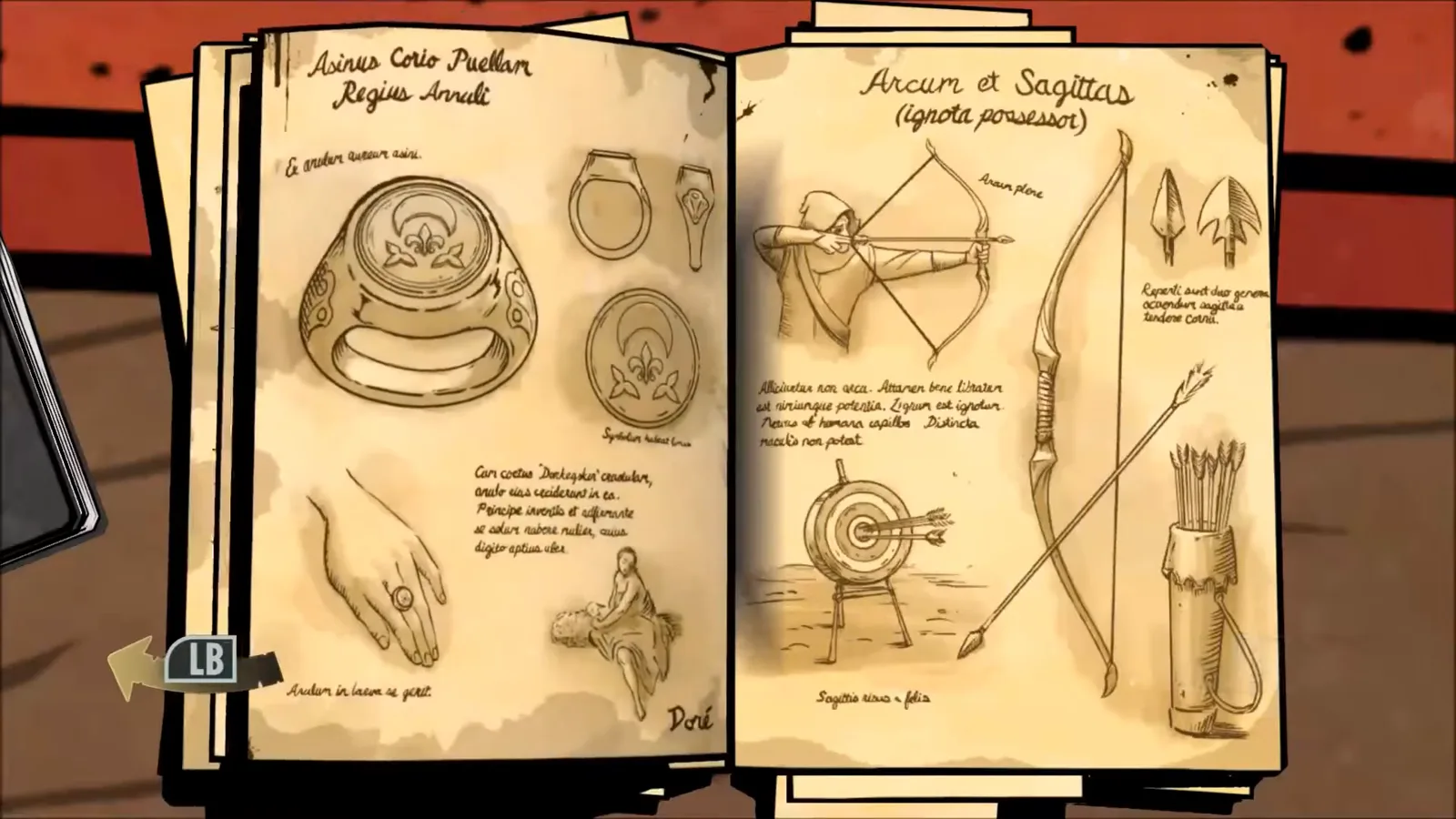 The Wolf Among Us heraldry book shows Faith’s ring and its matching emblem on the left page beside the archery illustrations.