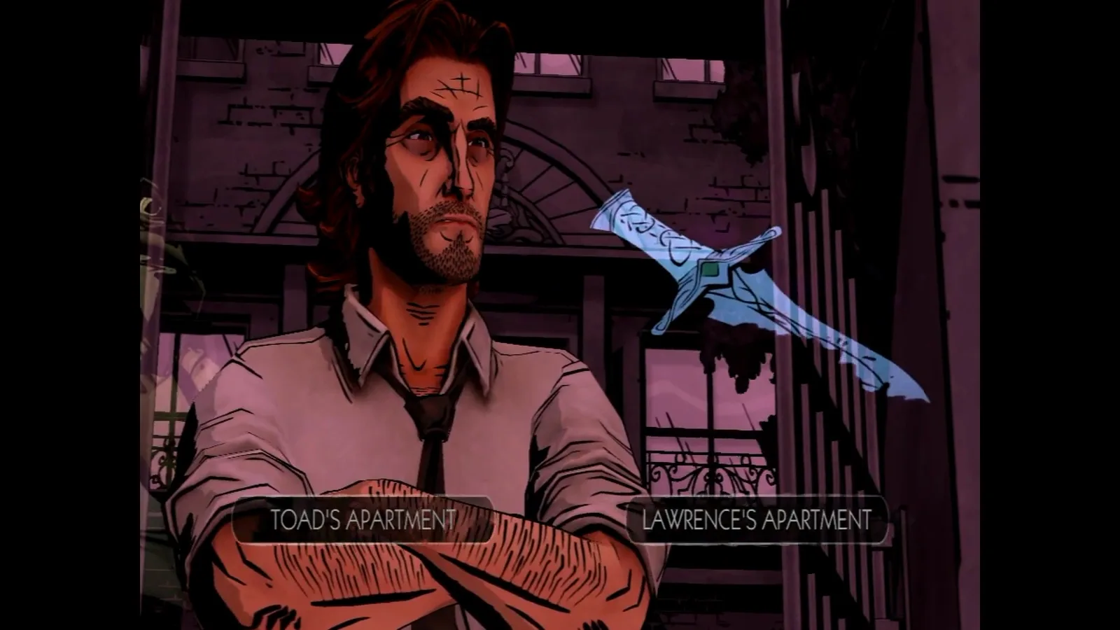 The Wolf Among Us destination choice shows Toad’s apartment and Lawrence’s apartment before Bigby chooses his first lead.