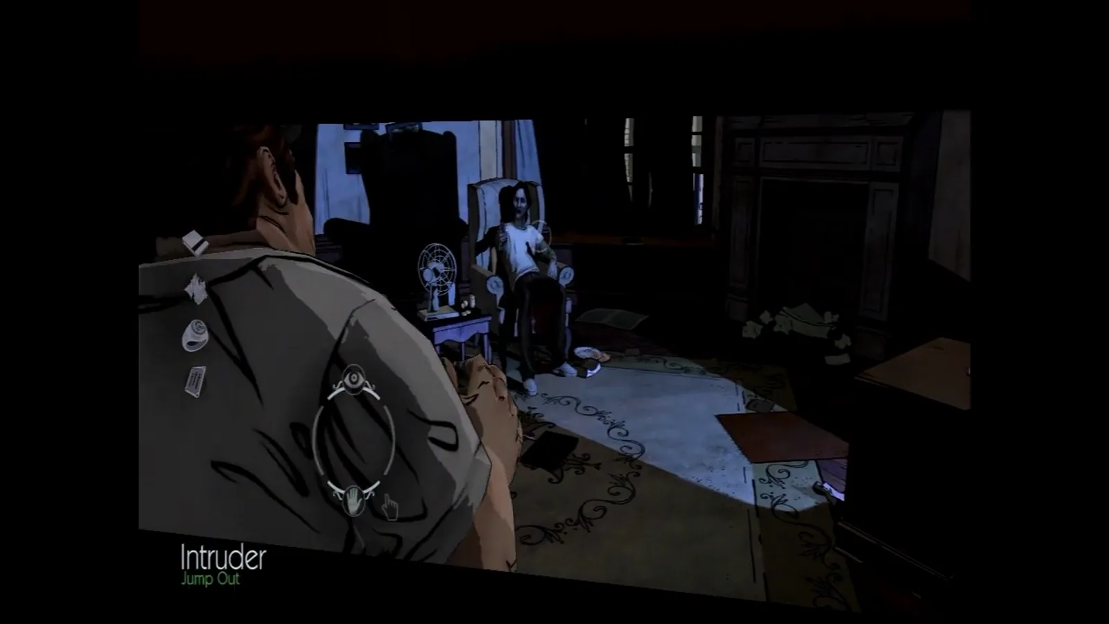 Bigby watches the intruder from the closet while the Jump Out interaction is available in The Wolf Among Us Lawrence scene.