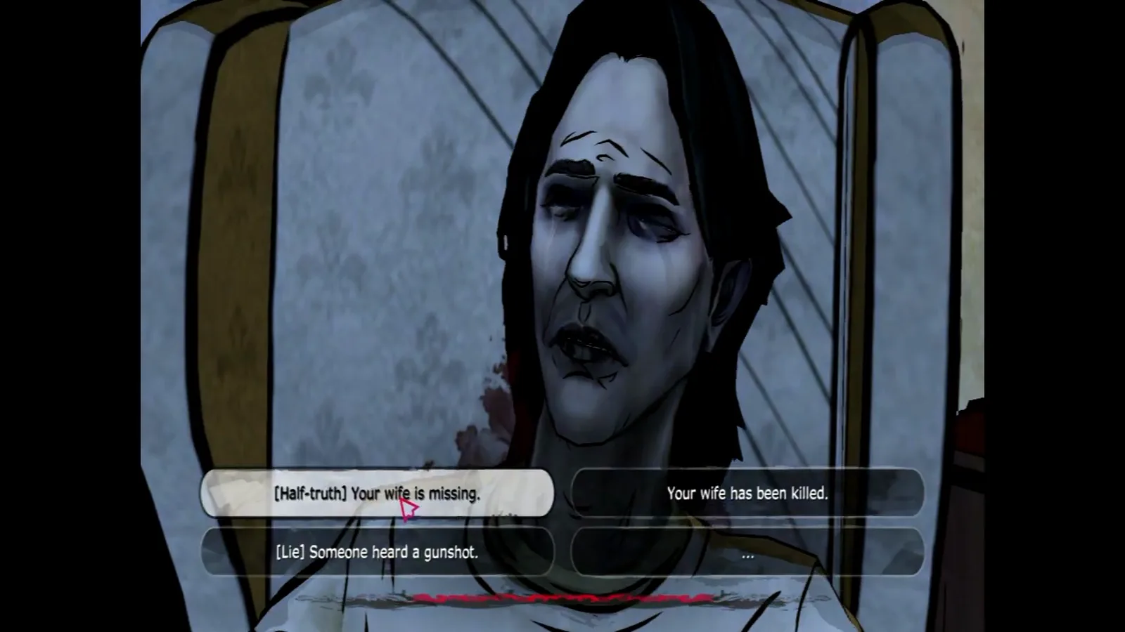 The Wolf Among Us dialogue menu highlights the half-truth that Lawrence’s wife is missing while he sits alive in the chair.